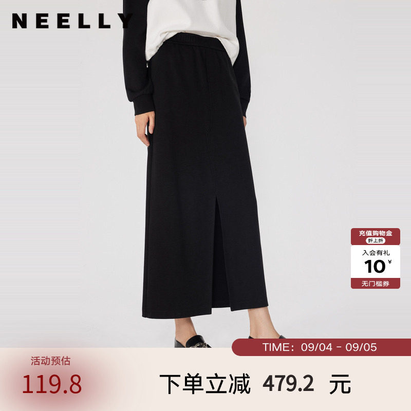 NEELLY纳俪通勤风黑色针织半身裙