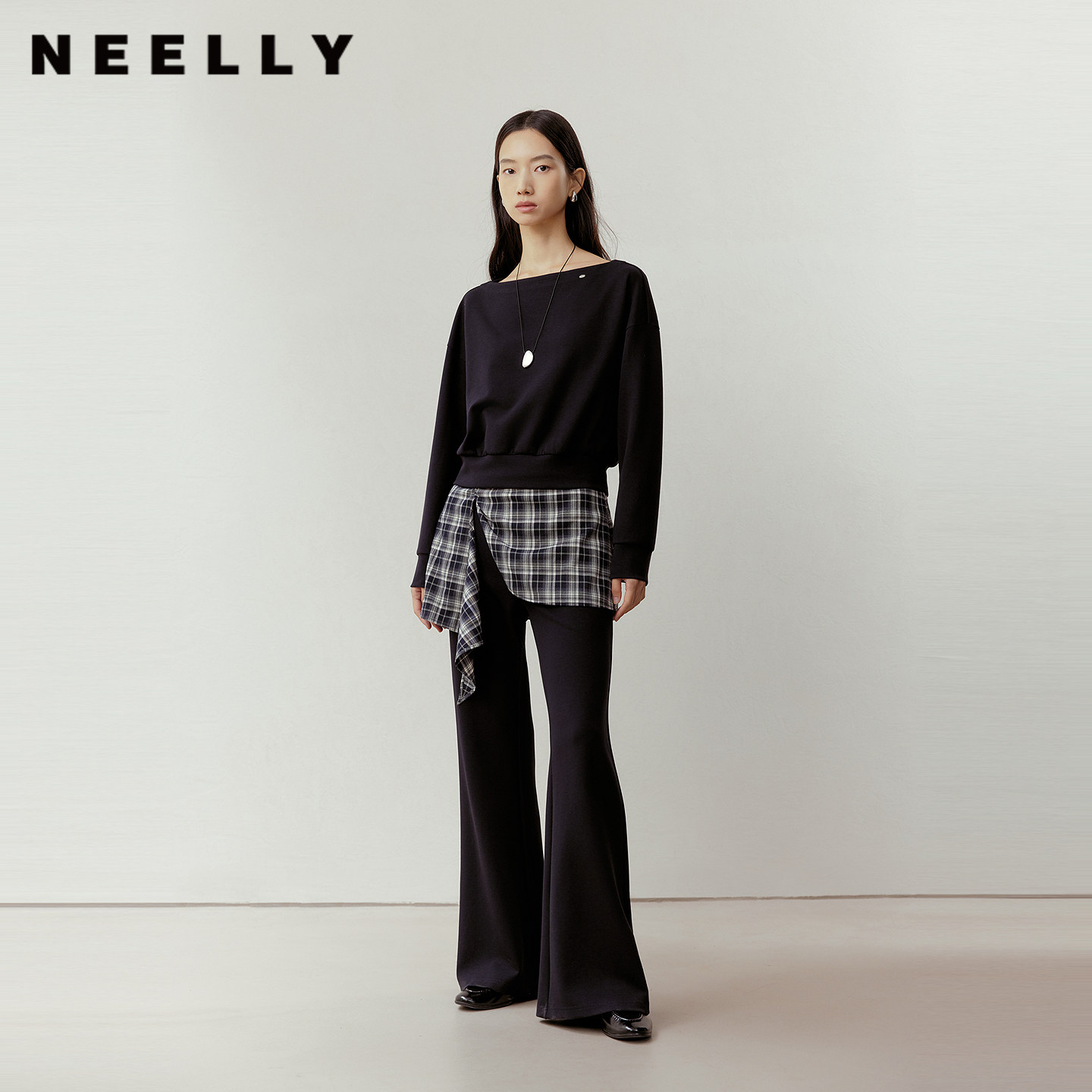 NEELLY纳俪商场同款秋新款休闲通勤卫衣套装女格纹长裤百搭两件套