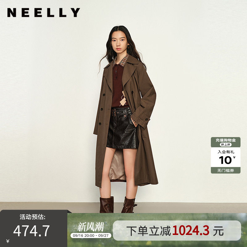 NEELLY纳俪商场同款夏新款休闲双排扣风衣女长款收腰通勤百搭外套