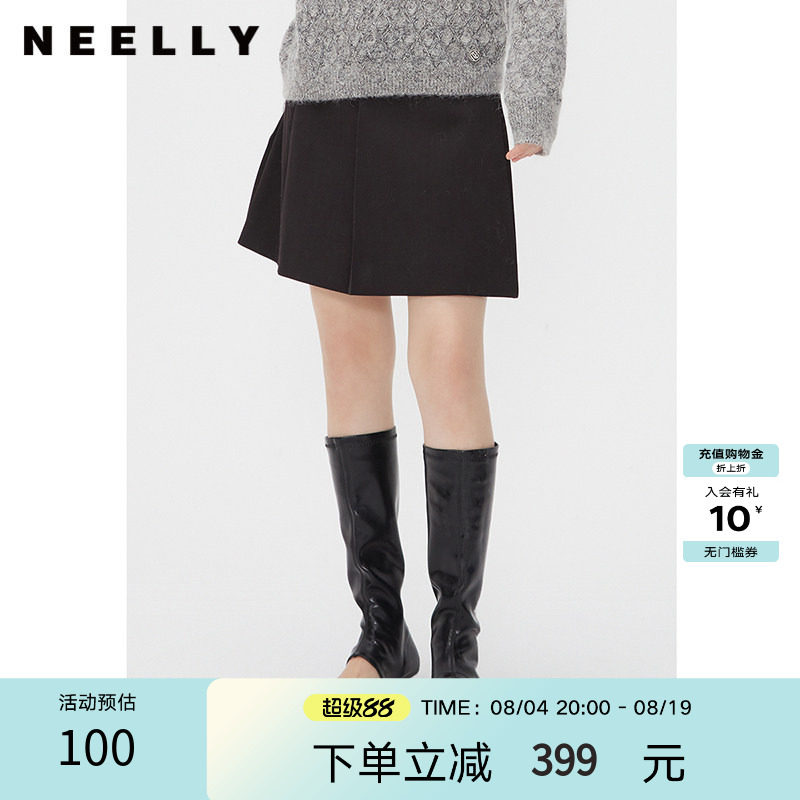NEELLY纳俪商场同款春秋款百褶裙短裙女黑色简约通勤显瘦A字裙