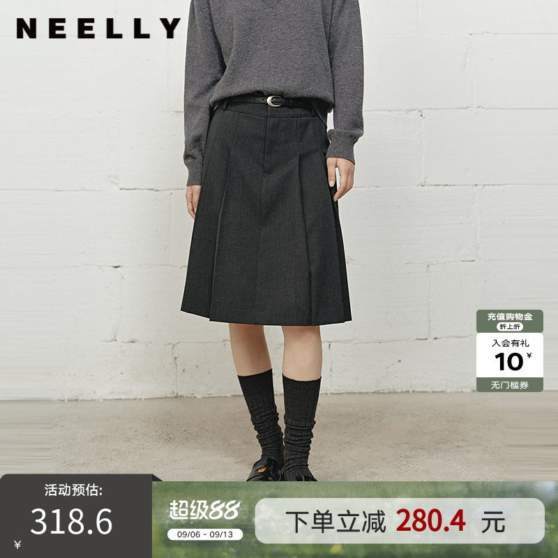 NEELLY纳俪商场同款冬新款百搭学院风A字伞裙女小个子显瘦百褶裙