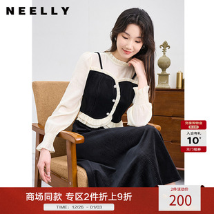 NEELLY纳俪荷叶领法式 小众假两件连衣裙女温柔绝美显瘦惊艳小黑裙