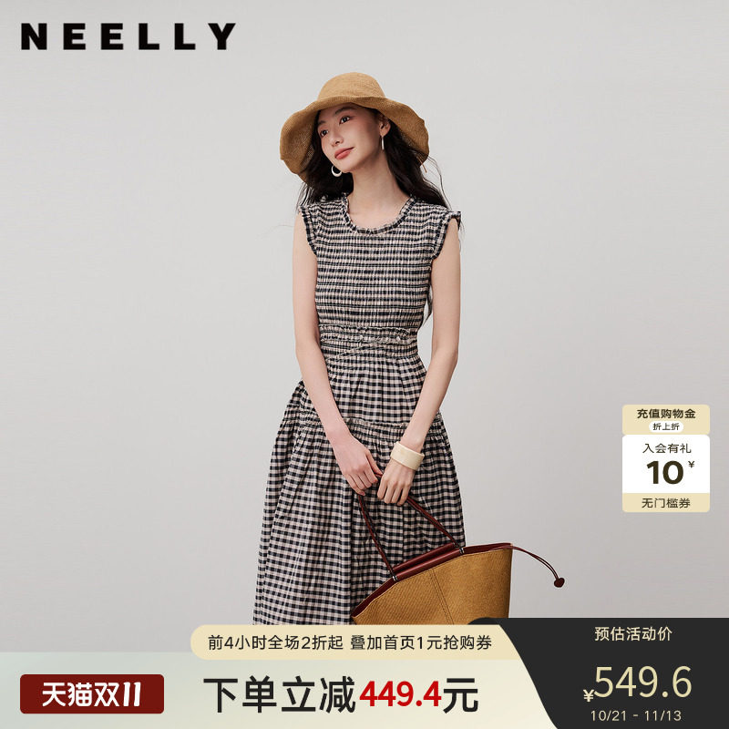 NEELLY纳俪商场同款夏新款复古黑白格连衣裙女无袖修身木耳边长裙