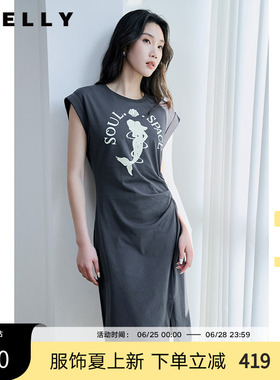 NEELLY纳俪商场同款夏季新款烟灰色收腰休闲连衣裙女印花褶皱长裙