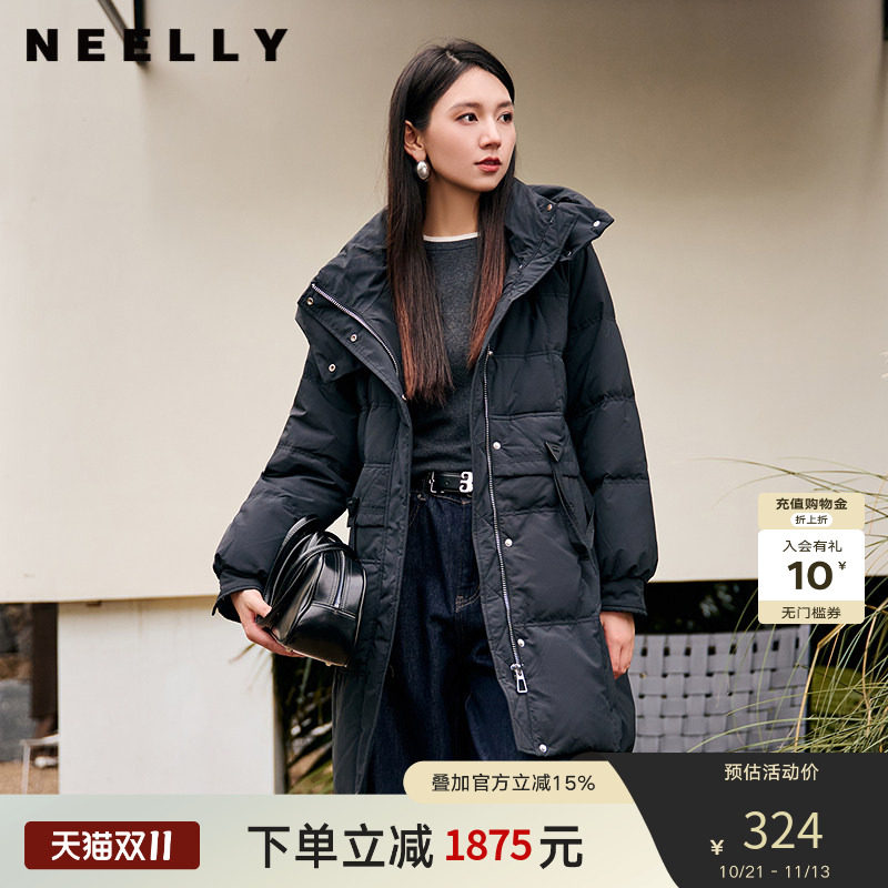 NEELLY纳俪商场同款冬季新款90%鸭绒宽松保暖连帽羽绒服女中长款