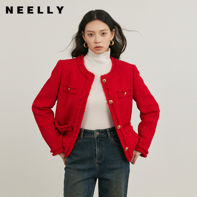 NEELLY纳俪商场同款冬季新款毛边小香风圆领外套女简约通勤上衣