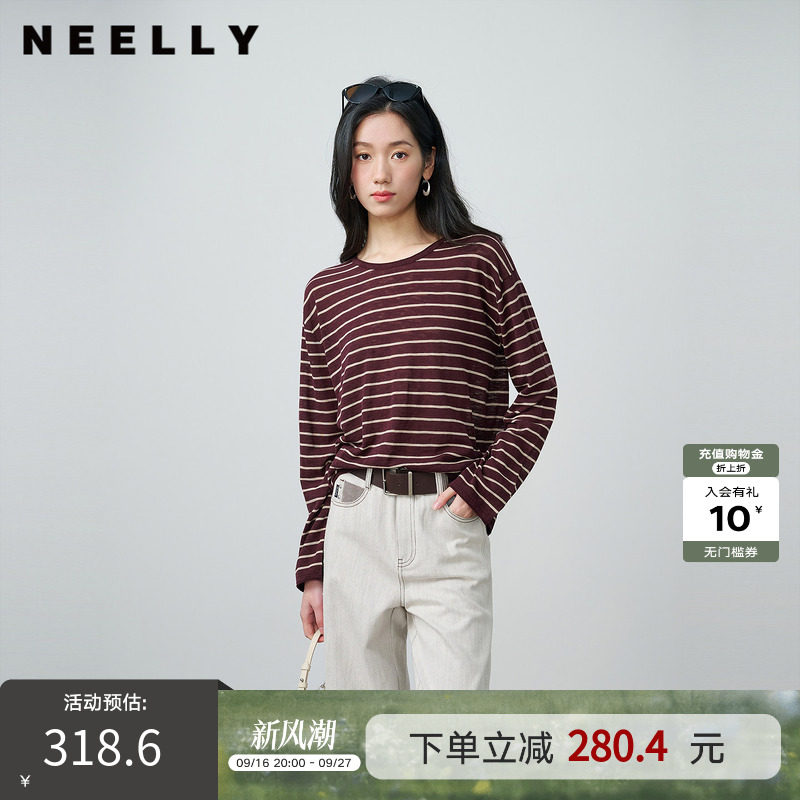 NEELLY纳俪商场同款秋季新款复古条纹圆领撞色T恤女简约随性上衣