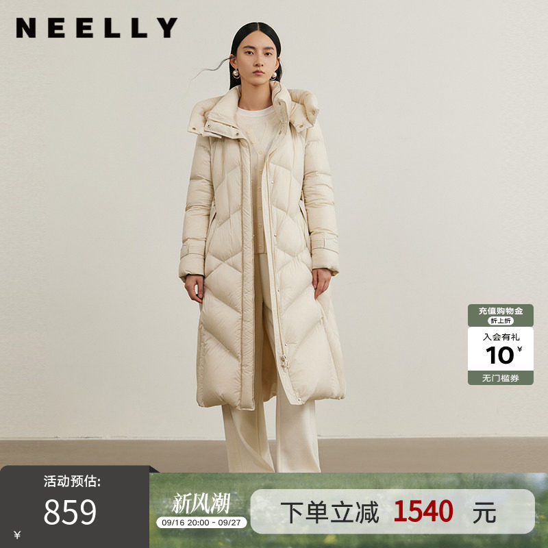 NEELLY纳俪商场同款冬季新款保暖收腰长款连帽外套女白鸭绒羽绒服