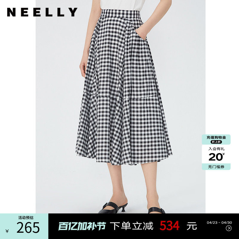 NEELLY纳俪商场同款夏季新款高腰黑白格半身裙女百搭中长款A字裙