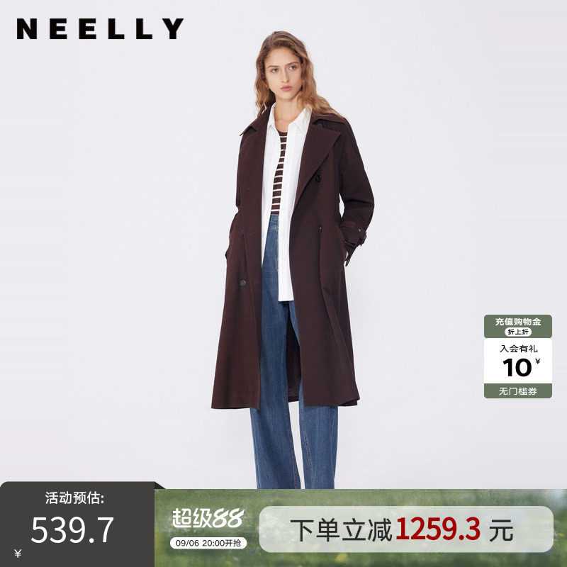 NEELLY纳俪春秋新款商场同款美拉德宽松双排扣风衣女复古长外套