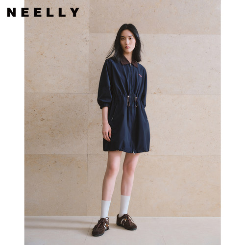 NEELLY纳俪商场同款秋季新款复古抽绳工装连衣裙女随性松弛感长裙