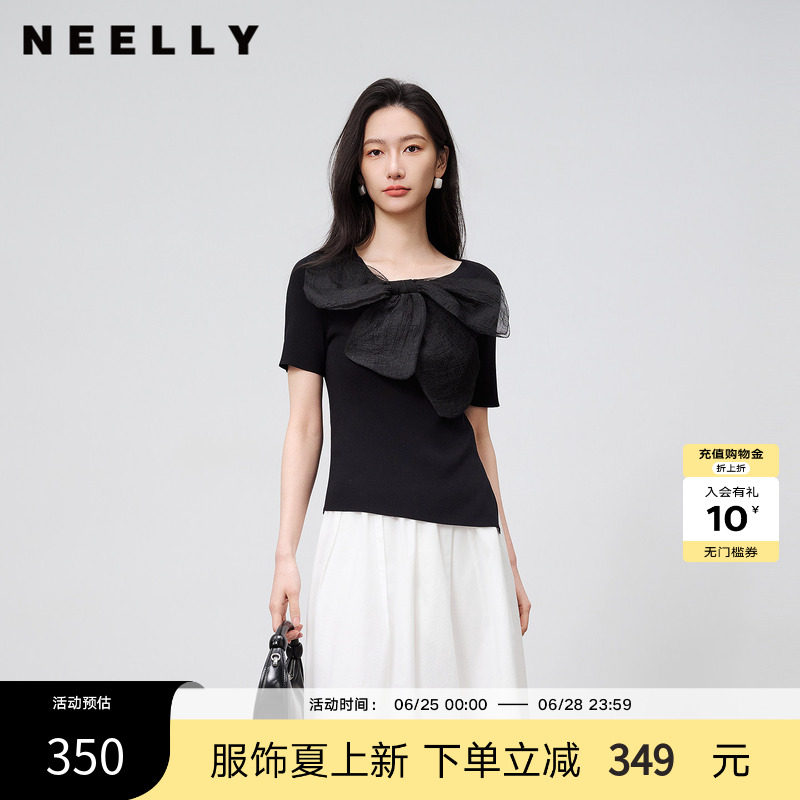 NEELLY纳俪商场同款夏新款法式气质蝴蝶结针织衫女修身显瘦短上衣