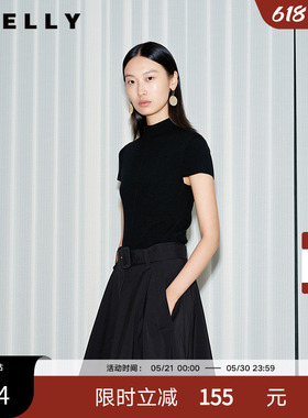 NEELLY纳俪商场同款夏季新款气质半高领短款针织衫女黑色修身上衣
