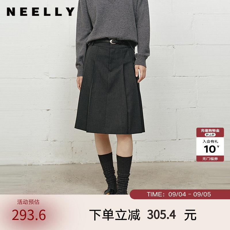 NEELLY纳俪商场同款冬新款百搭学院风A字伞裙女小个子显瘦百褶裙