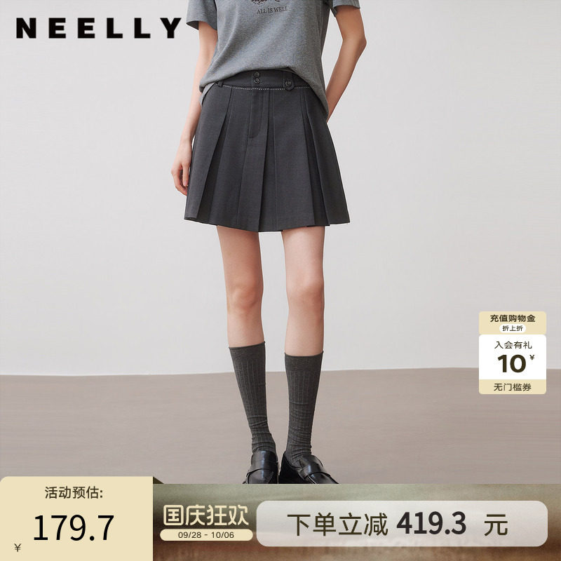 NEELLY纳俪商场同款秋季新款经典学院风百褶裙女百搭减龄显瘦短裙