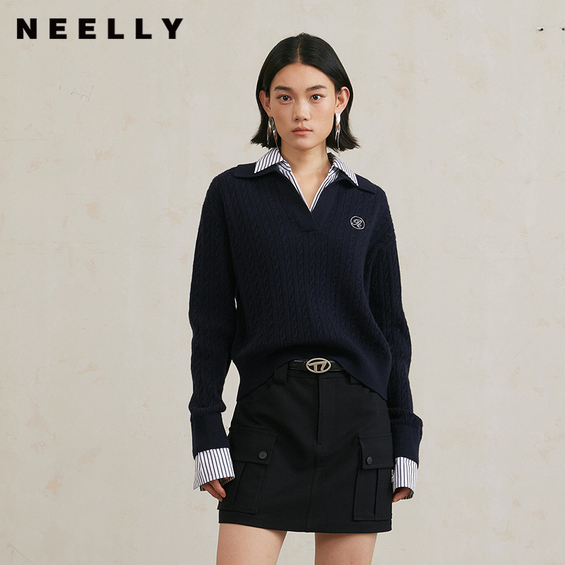 NEELLY纳俪商场同款秋冬新款学院风时尚拼接针织衫女软糯套头毛衣