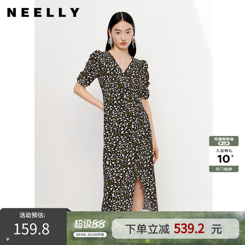 NEELLY纳俪商场同款碎花连衣裙女V领泡泡袖茶歇裙收腰中长款开叉