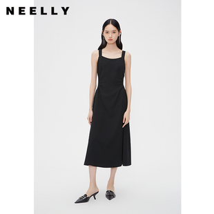 秋新款 NEELLY纳俪商场同款 方领吊带裙女收腰显瘦高级感优雅长裙