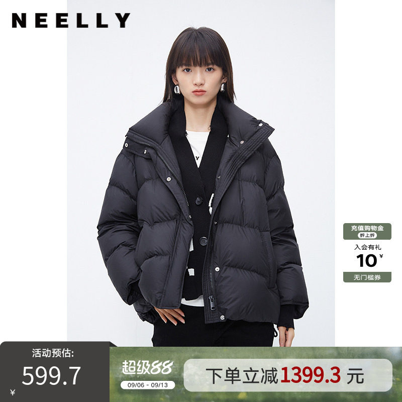 NEELLY纳俪商场同款棋盘格针织假两件羽绒服女短款冬黑色立领上衣