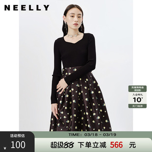 NEELLY纳俪春秋新款针织拼接连衣裙女韩版碎花A字中长款打底裙