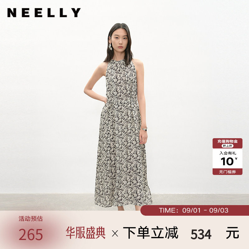 NEELLY纳俪商场同款夏季新款黑白碎花挂脖连衣裙女复古休闲中长裙