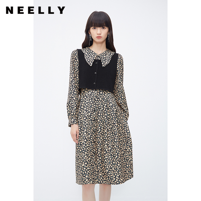NEELLY纳俪商场同款羊毛碎花连衣裙女冬季新款温柔气质复古两件套