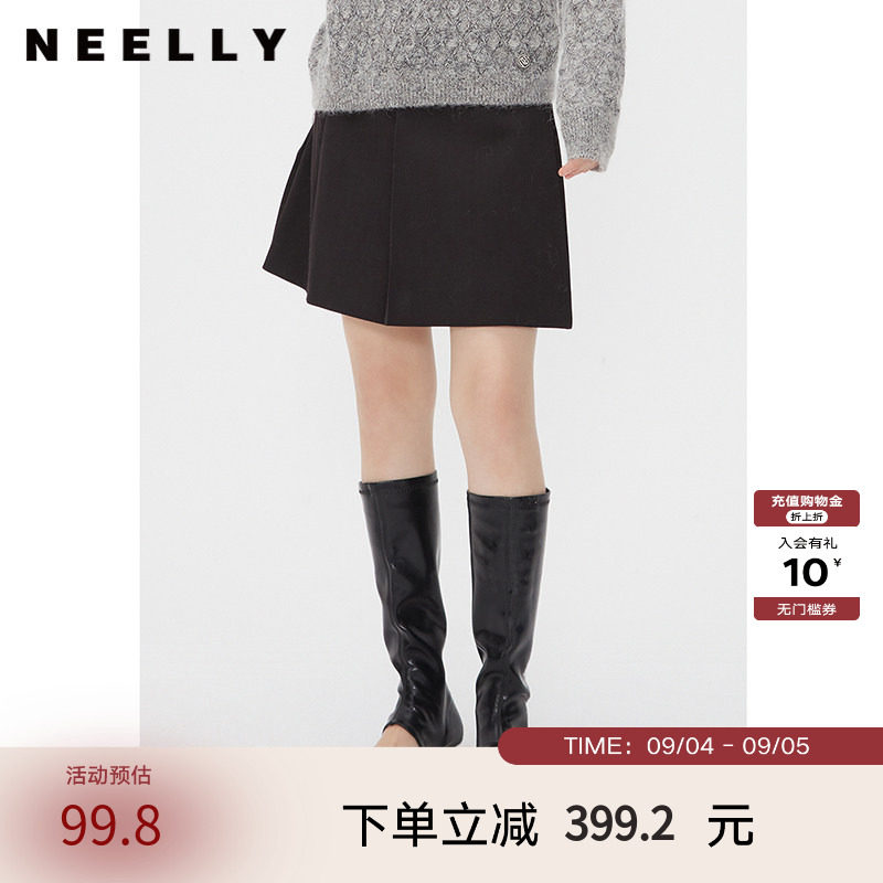NEELLY纳俪商场同款春秋款百褶裙短裙女黑色简约通勤显瘦A字裙