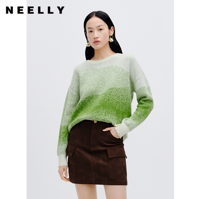NEELLY纳俪商场同款绵羊毛套头针织衫女秋冬新款抹茶渐变宽松毛衣