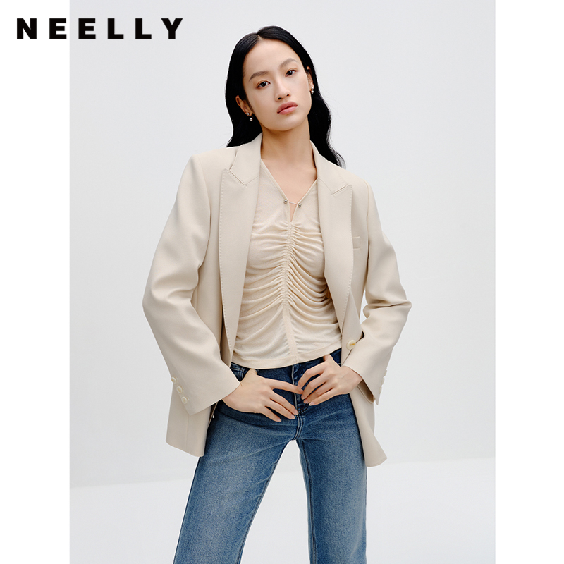 NEELLY纳俪商场同款春新款米色休闲西装外套女小众设计感职业西服