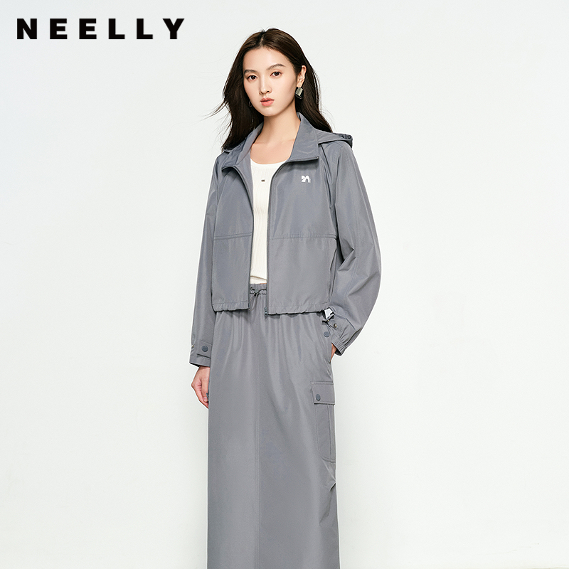 NEELLY纳俪商场同款秋新款运动风宽松休闲短外套女连帽设计感上衣