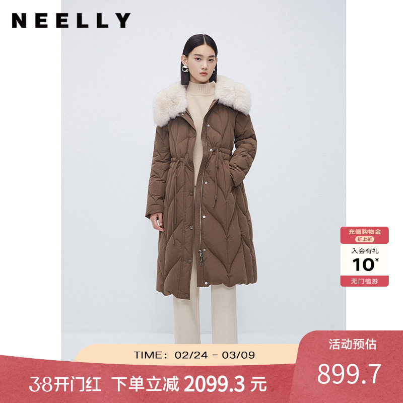 NEELLY纳俪商场同款冬新款狐狸毛领羽绒服气质收腰中长款羽绒大衣