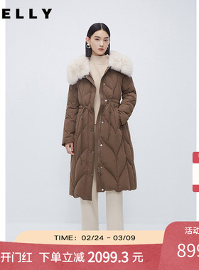 NEELLY纳俪商场同款冬新款狐狸毛领羽绒服气质收腰中长款羽绒大衣