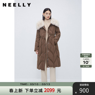 NEELLY纳俪商场同款冬新款狐狸毛领羽绒服气质收腰中长款羽绒大衣