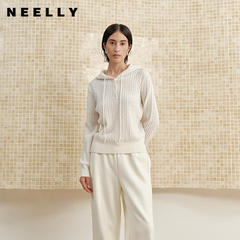 NEELLY纳俪商场同款冬新款宽松连帽绞花套头针织衫女舒适休闲上衣