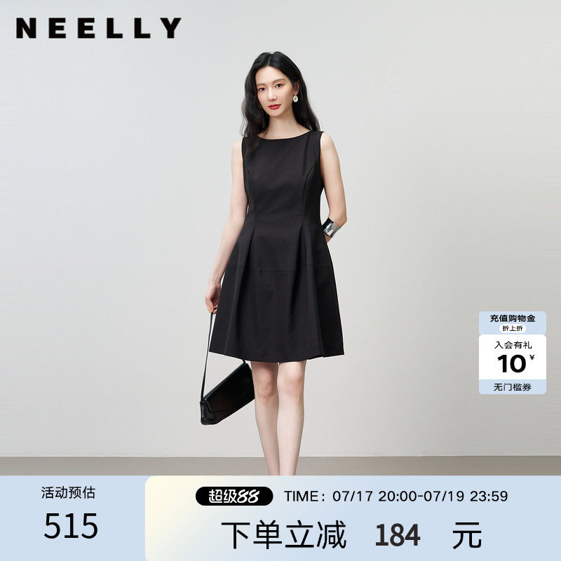 NEELLY纳俪商场同款夏新款无袖收腰小黑裙女赫本风小个子A字长裙