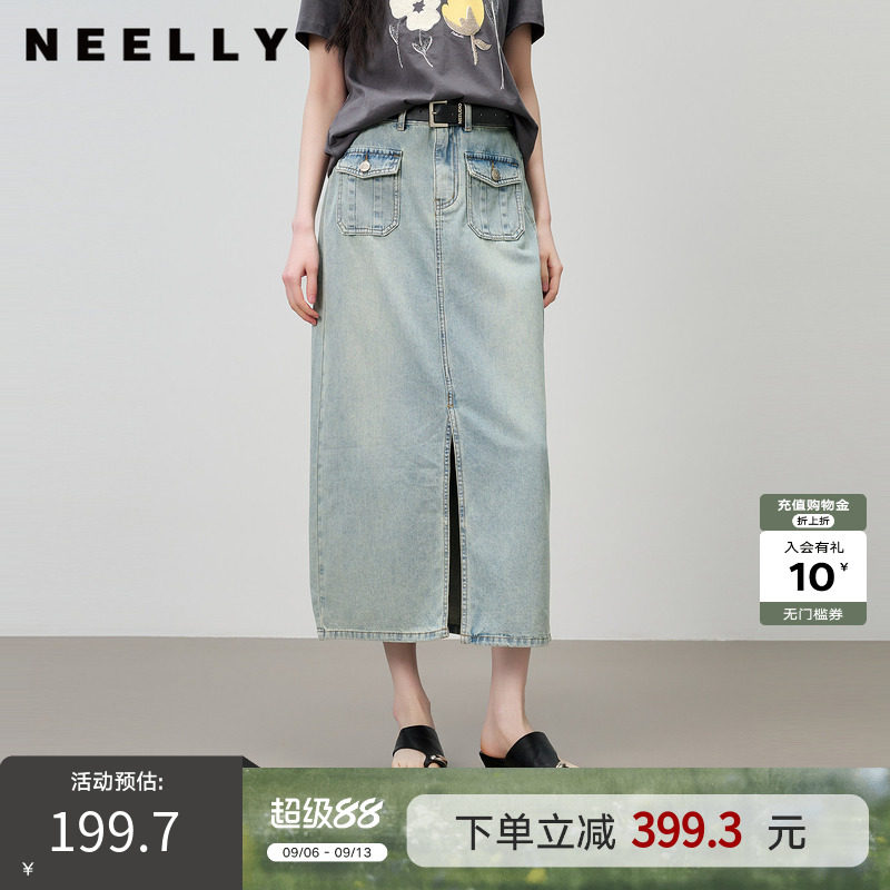 NEELLY纳俪商场同款夏季新款复古做旧牛仔半裙女休闲前开衩长裙