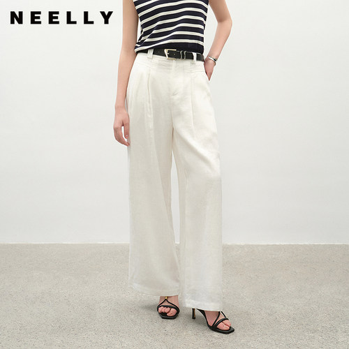 NEELLY纳俪商场同款夏新款经典时尚白色亚麻直筒裤女休闲通勤长裤