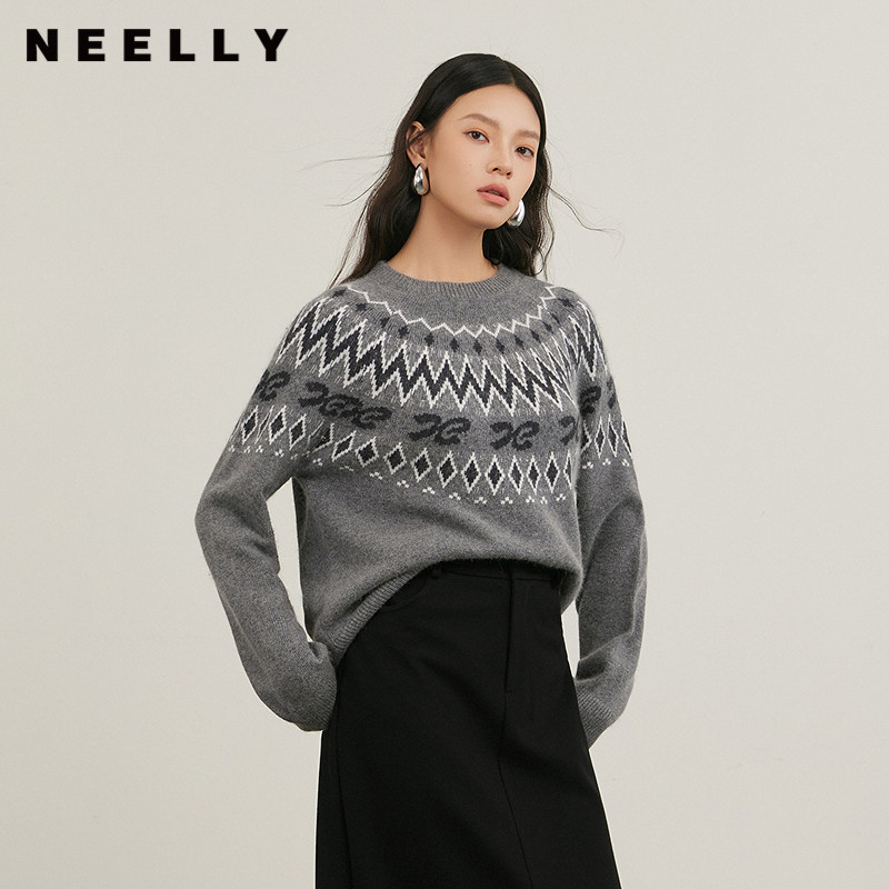 NEELLY纳俪商场同款冬季新款民族提花圆领撞色毛衣女提花显瘦上衣