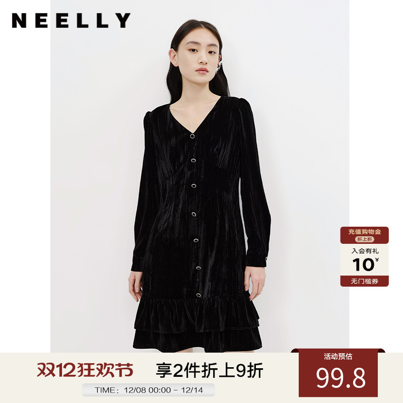 NEELLY纳俪商场同款黑色连衣裙女气质v领中长款A字裙夏季新款