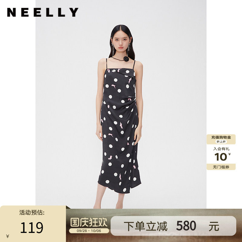 NEELLY纳俪商场同款春秋波点捏褶吊带连衣裙女设计感开叉中长裙