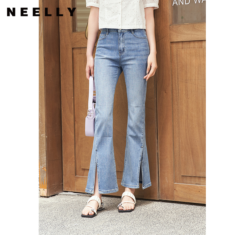 NEELLY纳俪商场同款夏季微喇牛仔裤女蓝色小个子直筒阔腿裤下开叉