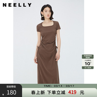 NEELLY纳俪秋新款收腰夏季短袖法式高端气质连衣裙女优雅舒适长裙
