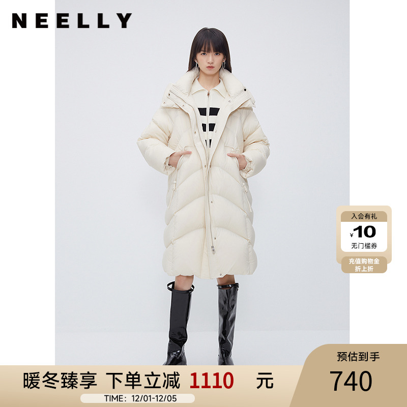NEELLY纳俪商场同款茧型加厚羽绒服女冬季韩版连帽中长款过膝外套
