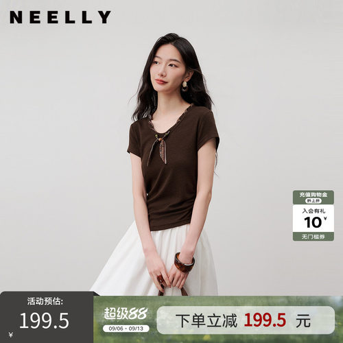 NEELLY纳俪商场同款秋季新款复古丝巾领收腰短袖女V领显瘦休闲T恤
