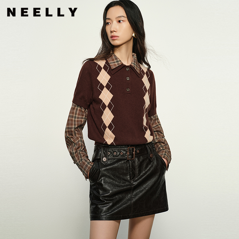 NEELLY纳俪商场同款秋冬新款菱格针织短袖设计上衣女减龄针织衫