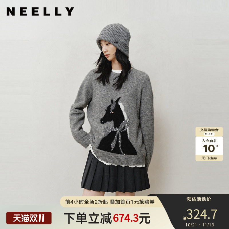 NEELLY纳俪商场同款冬新款时尚卡通趣味圆领针织衫女软糯休闲毛衣