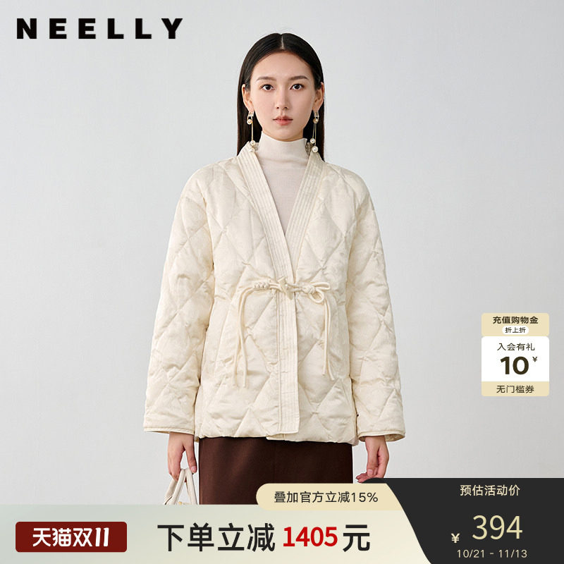 NEELLY纳俪商场同款冬季新款新中式盘扣V领爆款羽绒服女90%白鸭绒