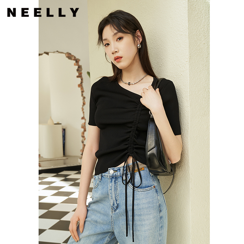NEELLY纳俪针织衫女不对称领口抽绳显瘦修身短袖毛衣夏季轻薄套头