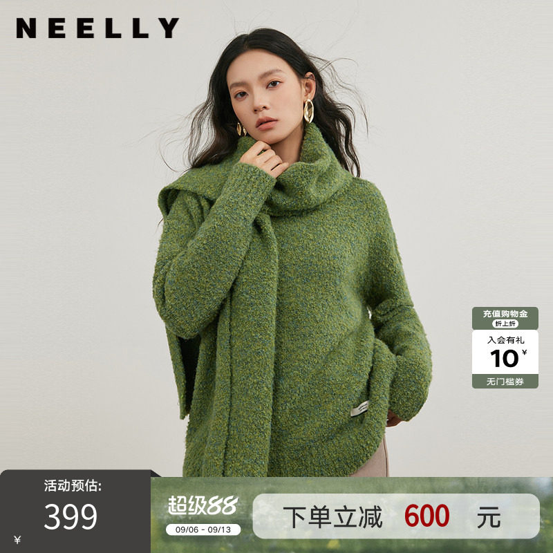 NEELLY纳俪商场同款冬新款围巾圆领软糯针织衫女宽松显瘦气质上衣