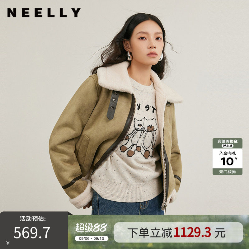 NEELLY纳俪商场同款冬新款翻领简约外套女百搭潮流时尚保暖机车服